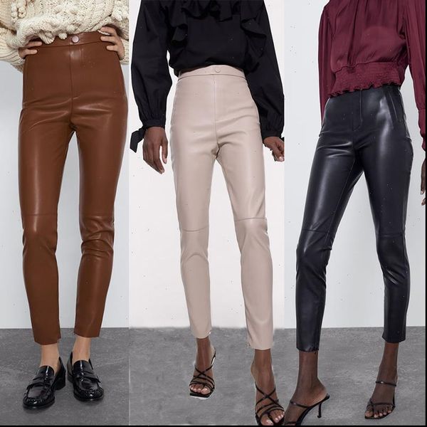 za 2020 leather tight pants women england style office lady solid simple high waist straight regular ankle trousers roap mujer, Black;white